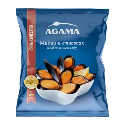 Изображение товара Мидии в створках Agama варено-мороженые в собственном соку 450г