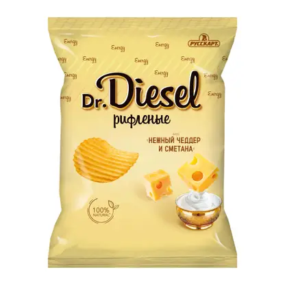 Изображение товара Чипсы рифленые Нежный чеддер и сметана Dr. Diesel 120г Изображение товара Чипсы рифленые Нежный чеддер и сметана Dr. Diesel 120г