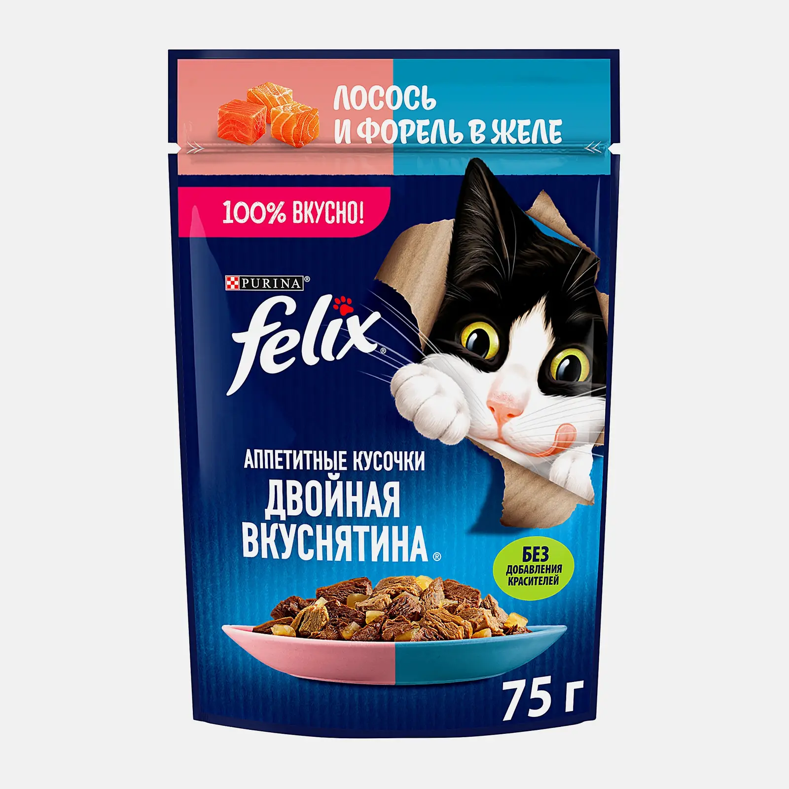 Изображение товара Влажный корм для кошек Felix Двойная вкуснятина с лососем и форелью в желе 75г