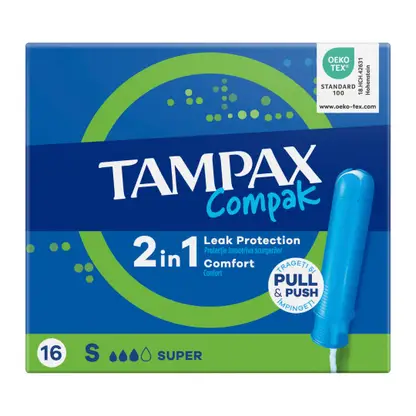 Изображение товара Тампоны Tampax Compak Super 16шт с выдвижным аппликатором для надежной защиты Изображение товара Тампоны Tampax Compak Super 16шт с выдвижным аппликатором для надежной защиты
