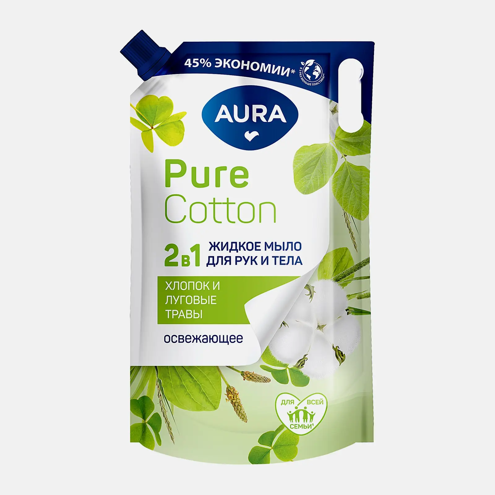 Жидкое мыло 2в1 Хлопок и луговые травы Aura Pure Cotton 850мл