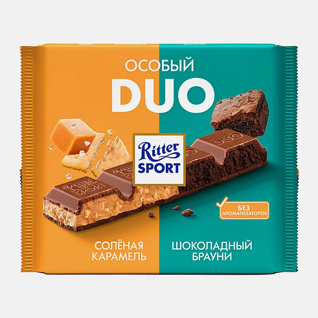 Шоколад Особый соленая карамель и шоколадный брауни Ritter Sport Duo 218г Шоколад Особый соленая карамель и шоколадный брауни Ritter Sport Duo 218г