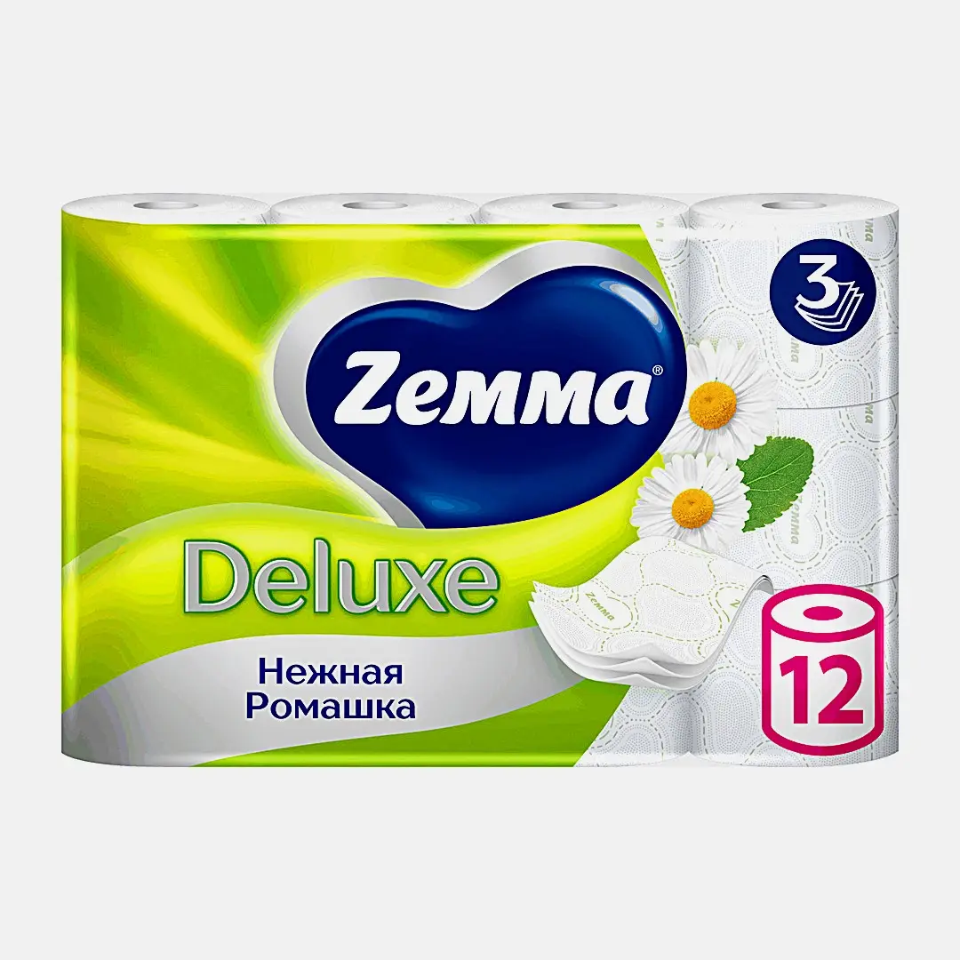 Туалетная бумага с ароматом ромашки Deluxe Zemma 12 рулонов 3 слоя