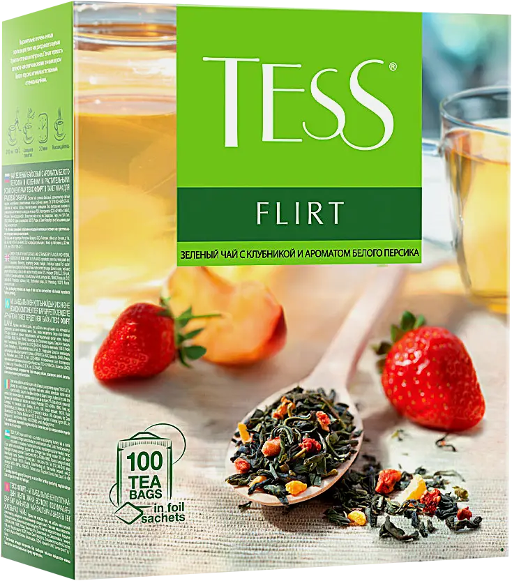 Чай зелёный байховый Tess Flirt с ароматом белого персика и клубники 100пак 150г - фото 2