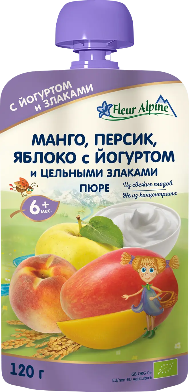 Изображение товара Пюре детское Fleur Alpine молочное манго персик яблоко йогурт злаки с 6 месяцев 120г