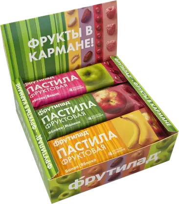 Изображение товара Пастила со вкусом яблоко-вишня/яблоко-малина/банан-яблоко Фрутилад 30г в ассортименте