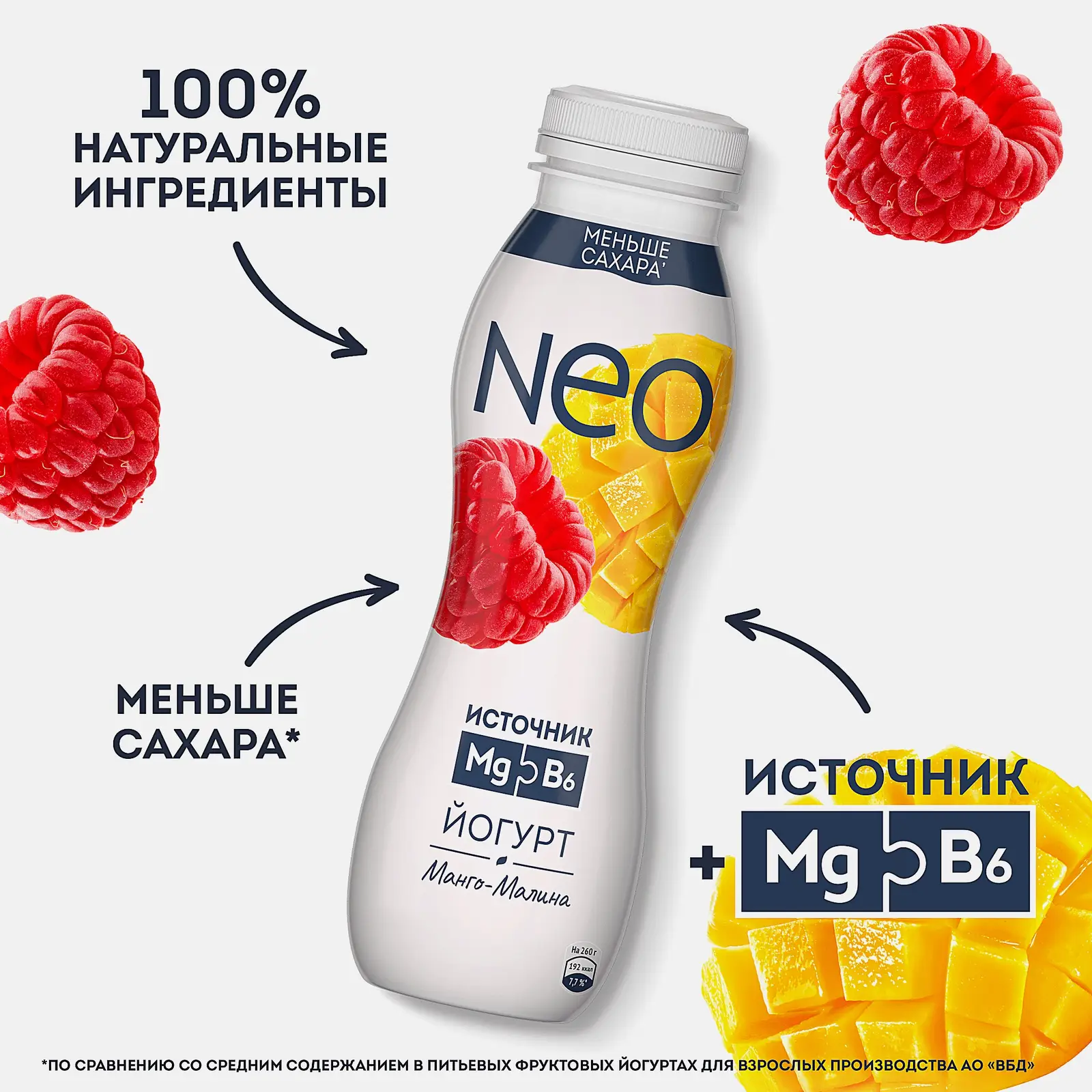 Йогурт питьевой манго и малина с магнием и витамином B6 Neo 1.9% 260г - фото 3 Йогурт питьевой манго и малина с магнием и витамином B6 Neo 1.9% 260г - фото 3
