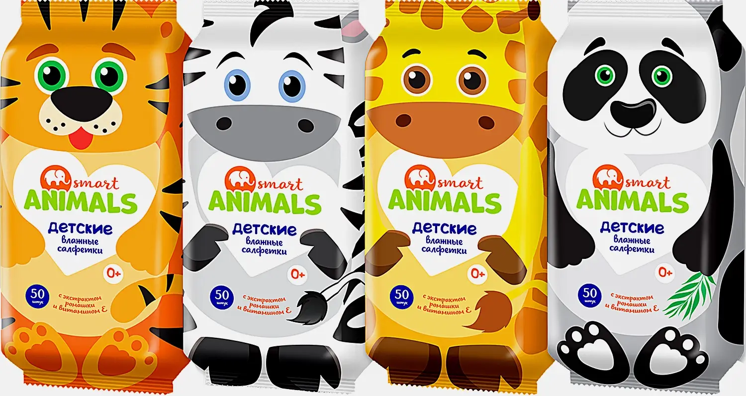Салфетки влажные Smart Animals детские ромашка и витамин Е 50шт
