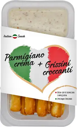 Изображение товара Крем-сыр Italian Snack с пармезаном миндалем хрустящие гриссини 55% 50г