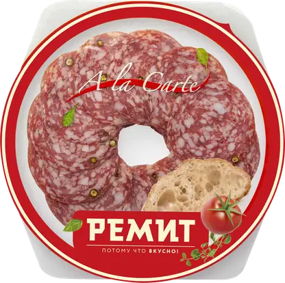 Изображение товара Колбаса Ремит Salsa сырокопченая нарезка в тарелке 80г