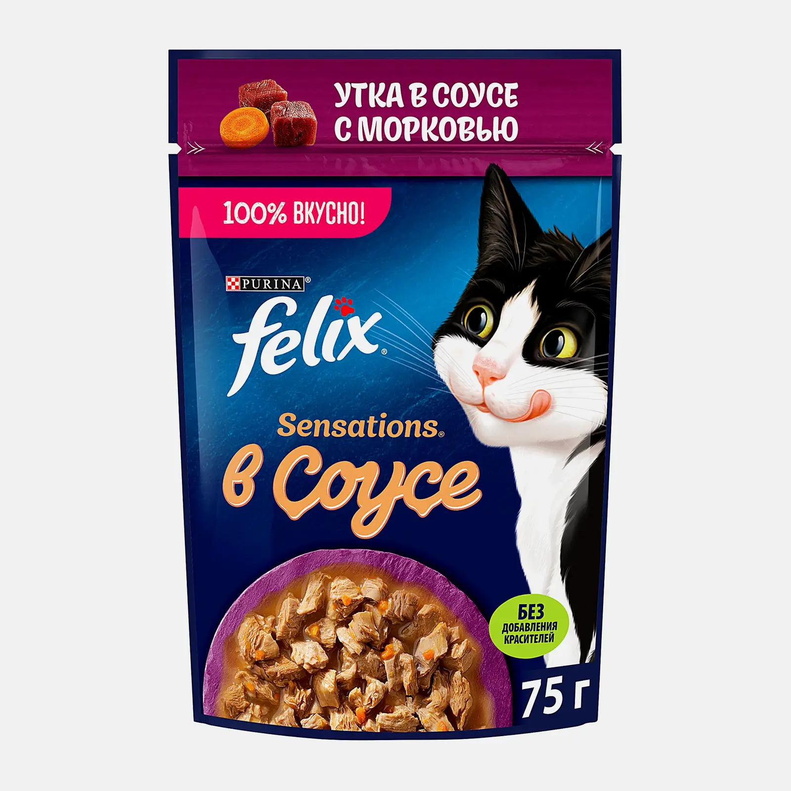 Изображение товара Влажный корм для кошек Felix Sensations Утка в соусе с морковью 75г