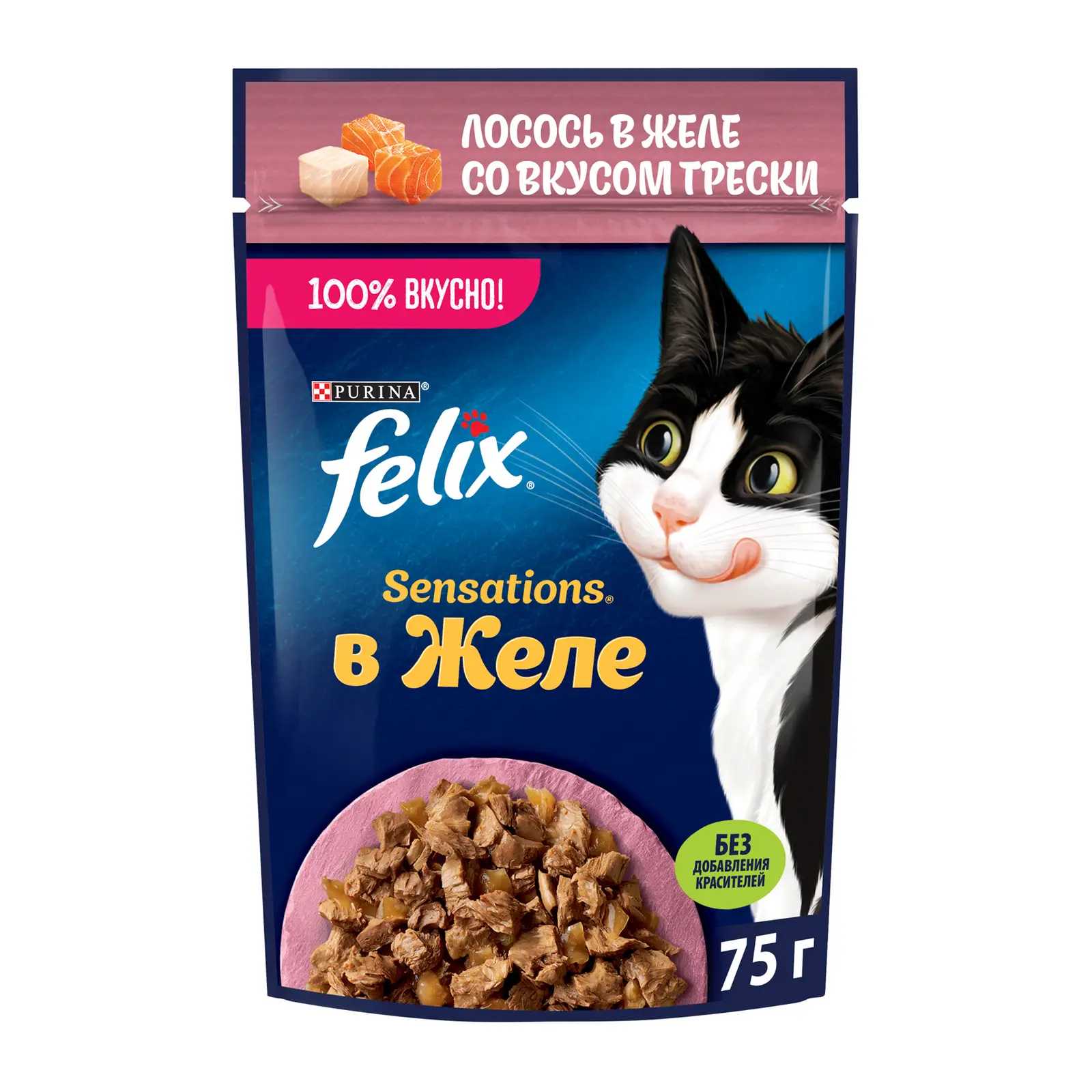 Изображение товара Влажный корм для взрослых кошек Felix Sensations с лососем в желе с добавлением трески 75г
