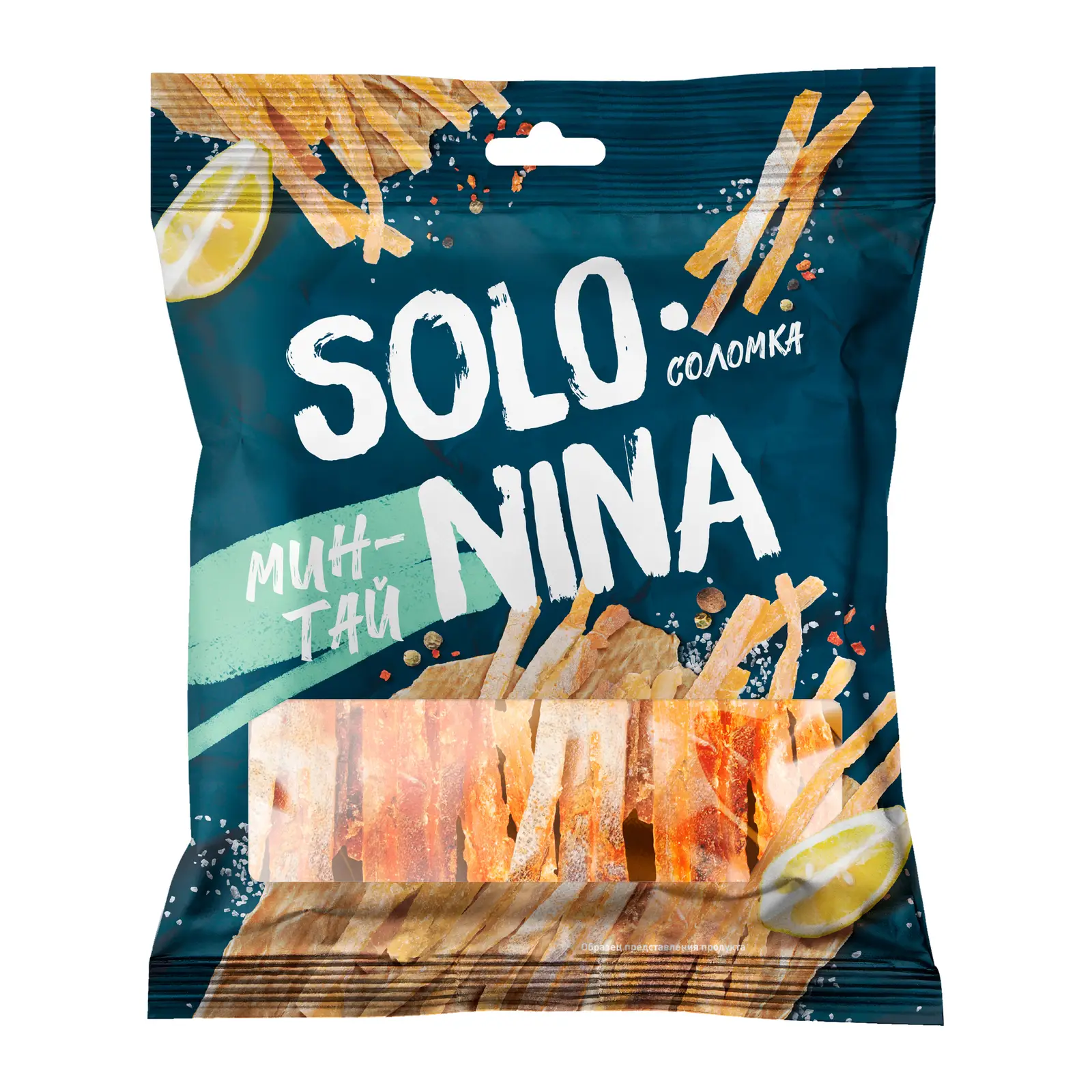 Изображение товара Минтай Solo Nina соломка с перцем сушено-вяленый 70г - пряная закуска для любителей рыбы
