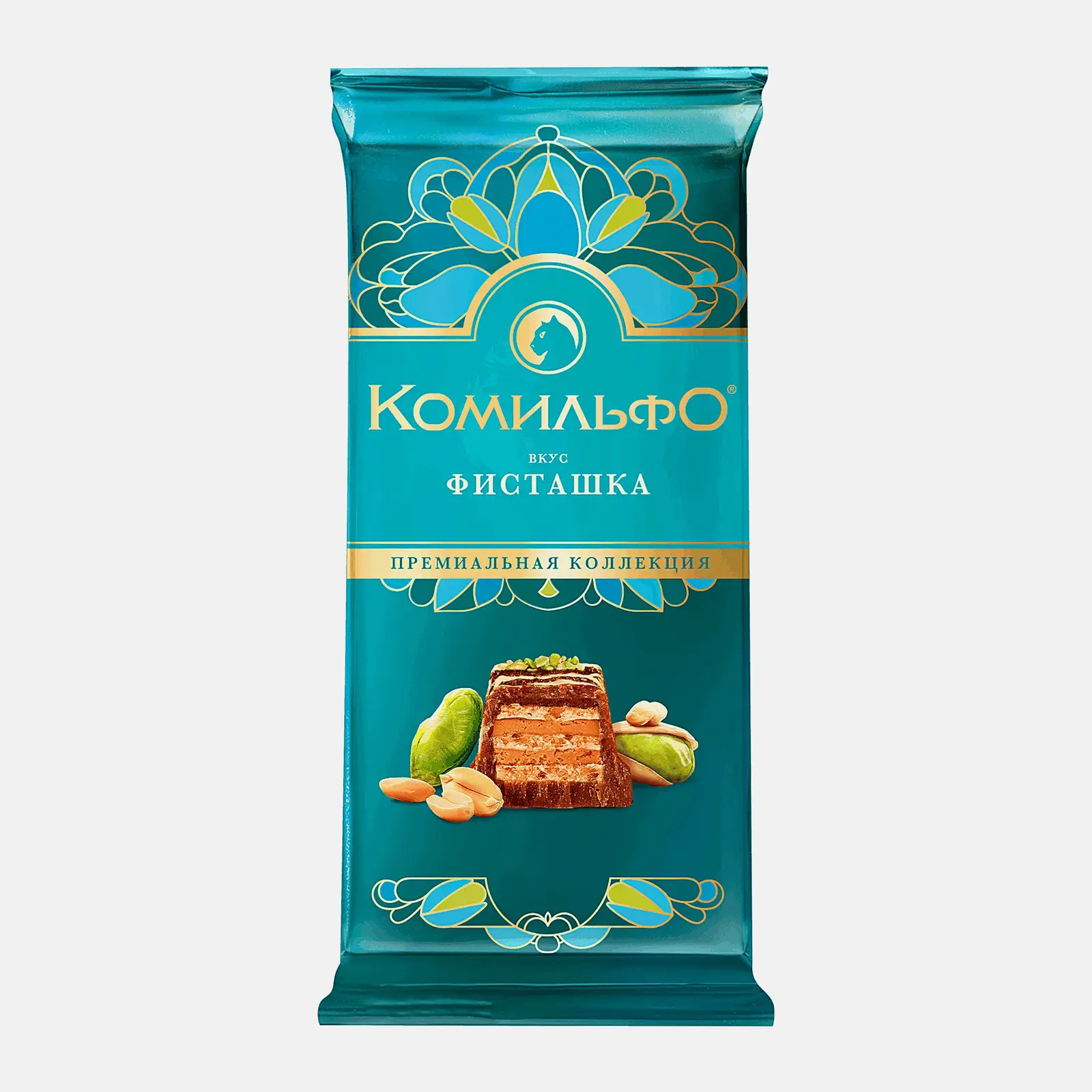 Изображение товара Шоколад с фисташками Комильфо 102г молочный и белый с орехами