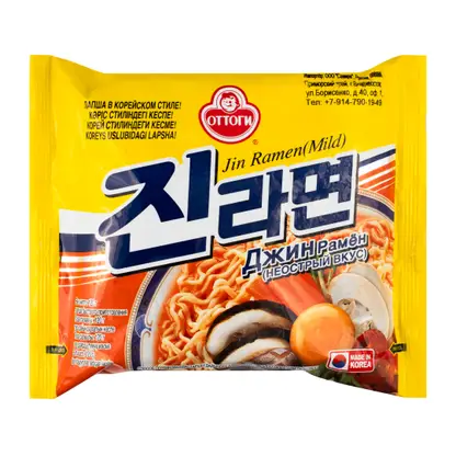 Изображение товара Лапша быстрого приготовления Ottogi Джин Рамен 120г - острый и ароматный бульон с кимчи