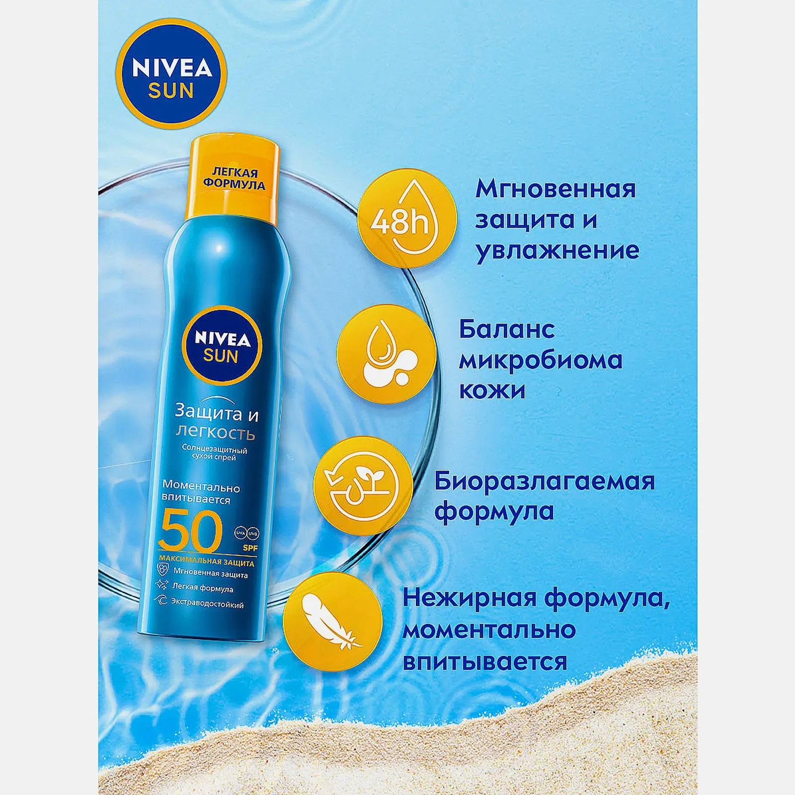 Солнцезащитный спрей Защита и прохлада SPF50 водостойкий NIVEA Sun 200мл - фото 5 Солнцезащитный спрей Защита и прохлада SPF50 водостойкий NIVEA Sun 200мл - фото 5