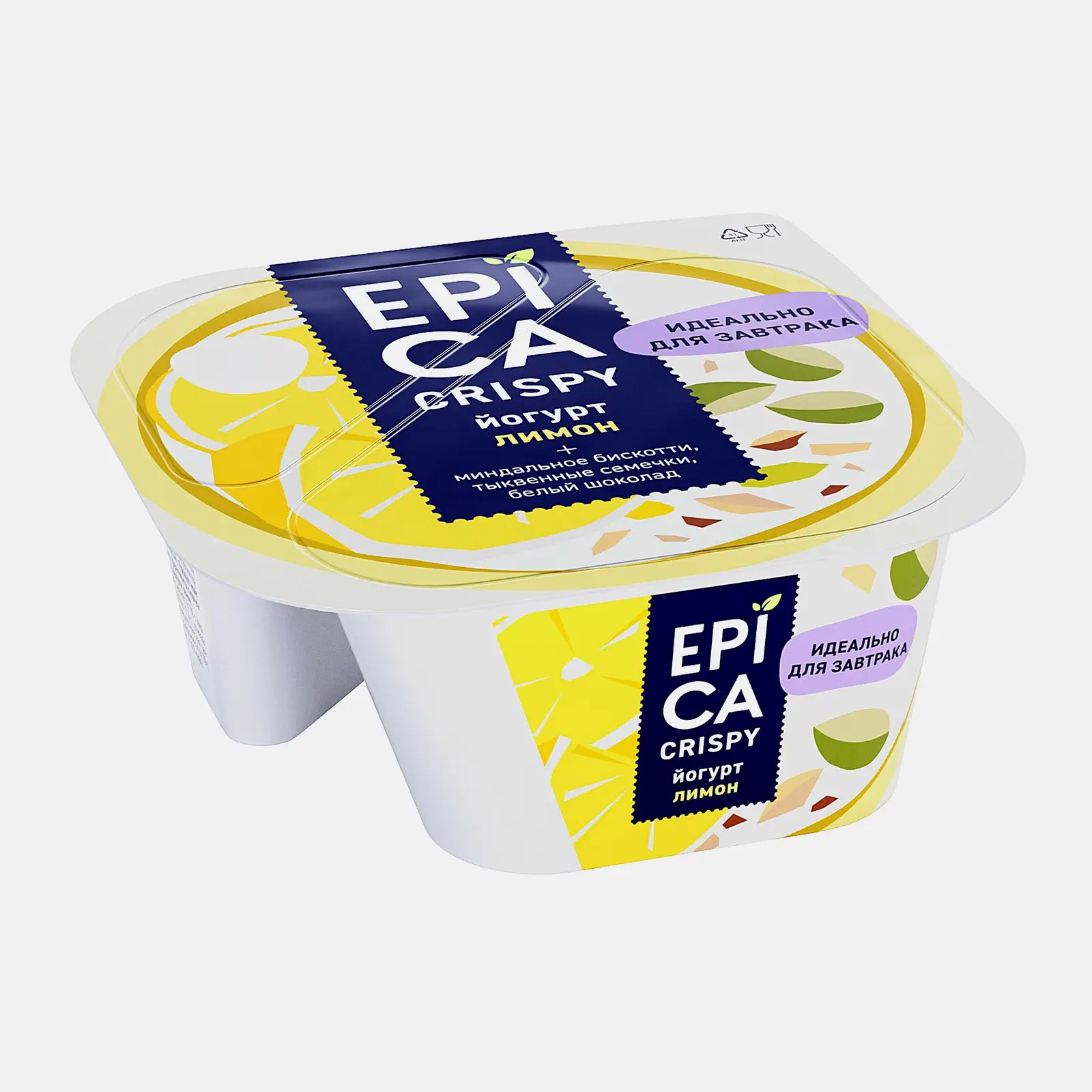 Изображение товара Йогурт Epica Crispy с лимоном 8.6% 140г + Смесь из семян тыквы печенья и белого шоколада 140г