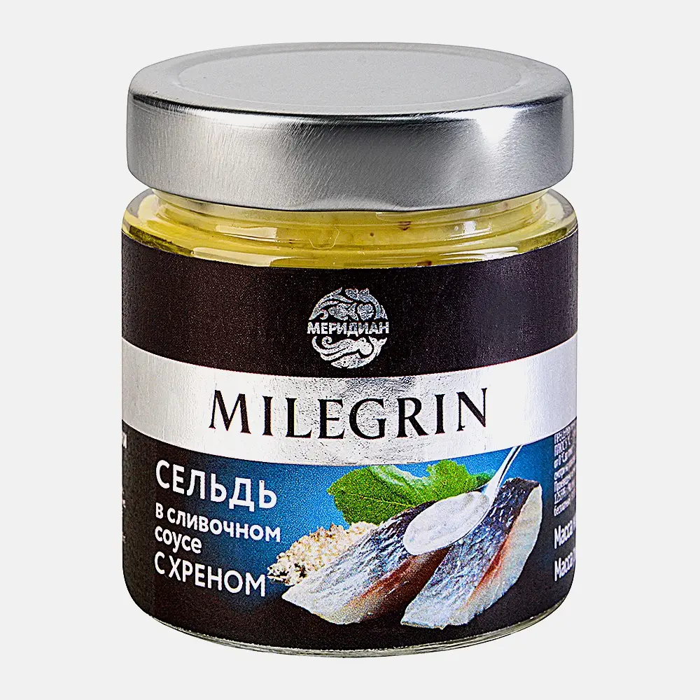 Сельдь филе-кусочки в сливочном соусе с хреном Milegrin 200г Сельдь филе-кусочки в сливочном соусе с хреном Milegrin 200г