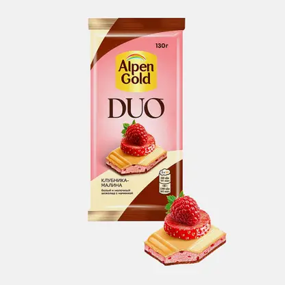 Белый и молочный шоколад с начинкой Клубника-малина Alpen Gold Duo 130г