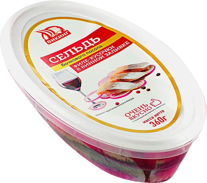 Изображение товара Сельдь Викинг филе-кусочки в винной заливке 360г натуральный деликатес