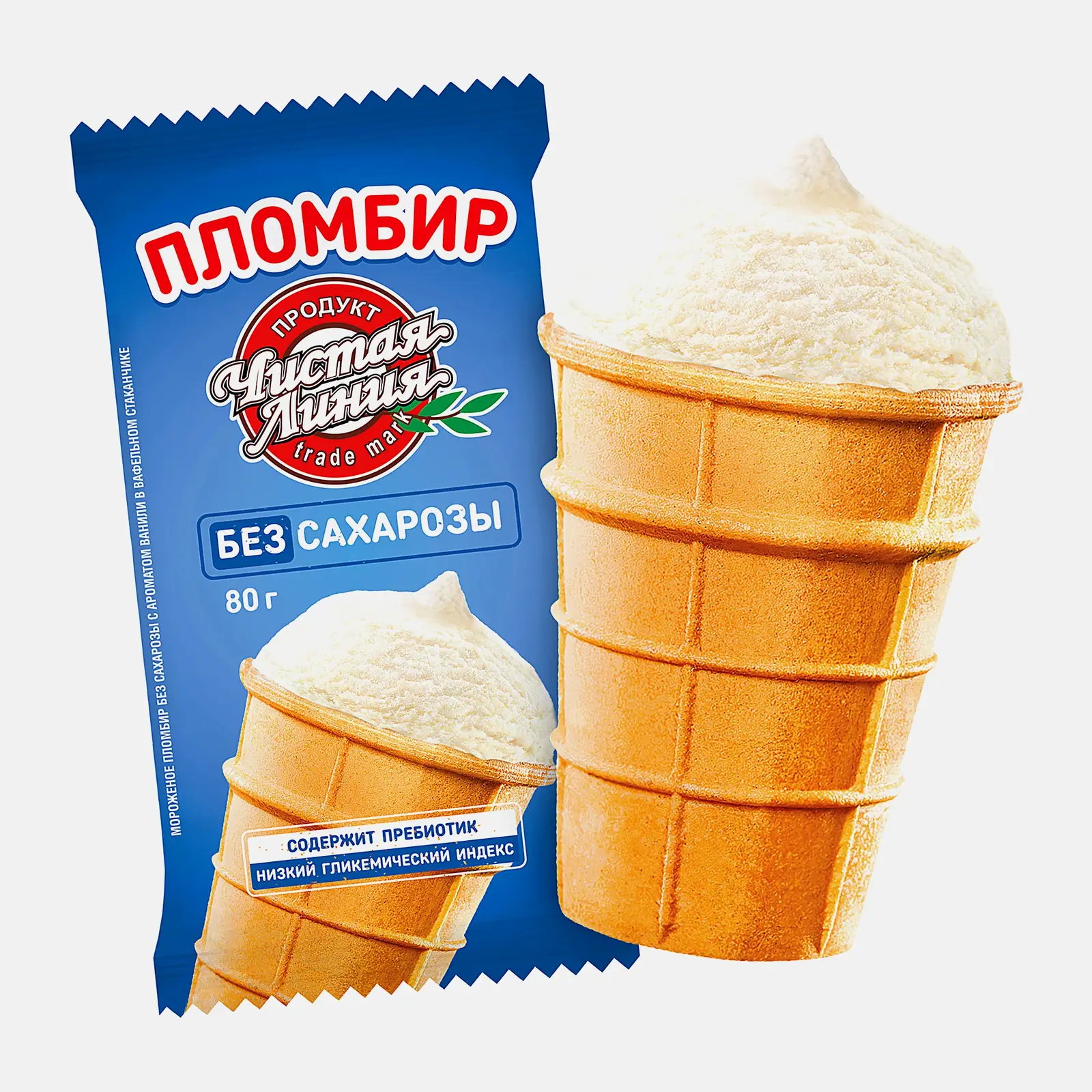 Изображение товара Мороженое Чистая Линия пломбир без сахарозы в вафельном стакане 80г