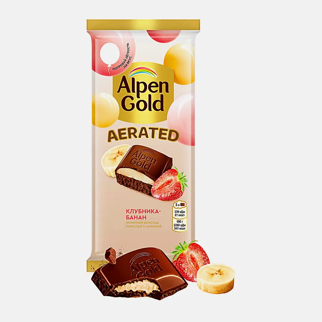 Шоколад Alpen Gold Aerated молочный пористый с начинкой клубника банан 75г