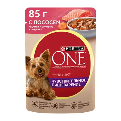 Изображение товара Влажный корм для мини собак Purina One Чувствительное пищеварение с лососем рисом и морковью в подливе 85г