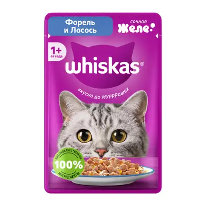 Изображение товара Влажный корм для кошек Whiskas сочное желе Форель и лосось 75г