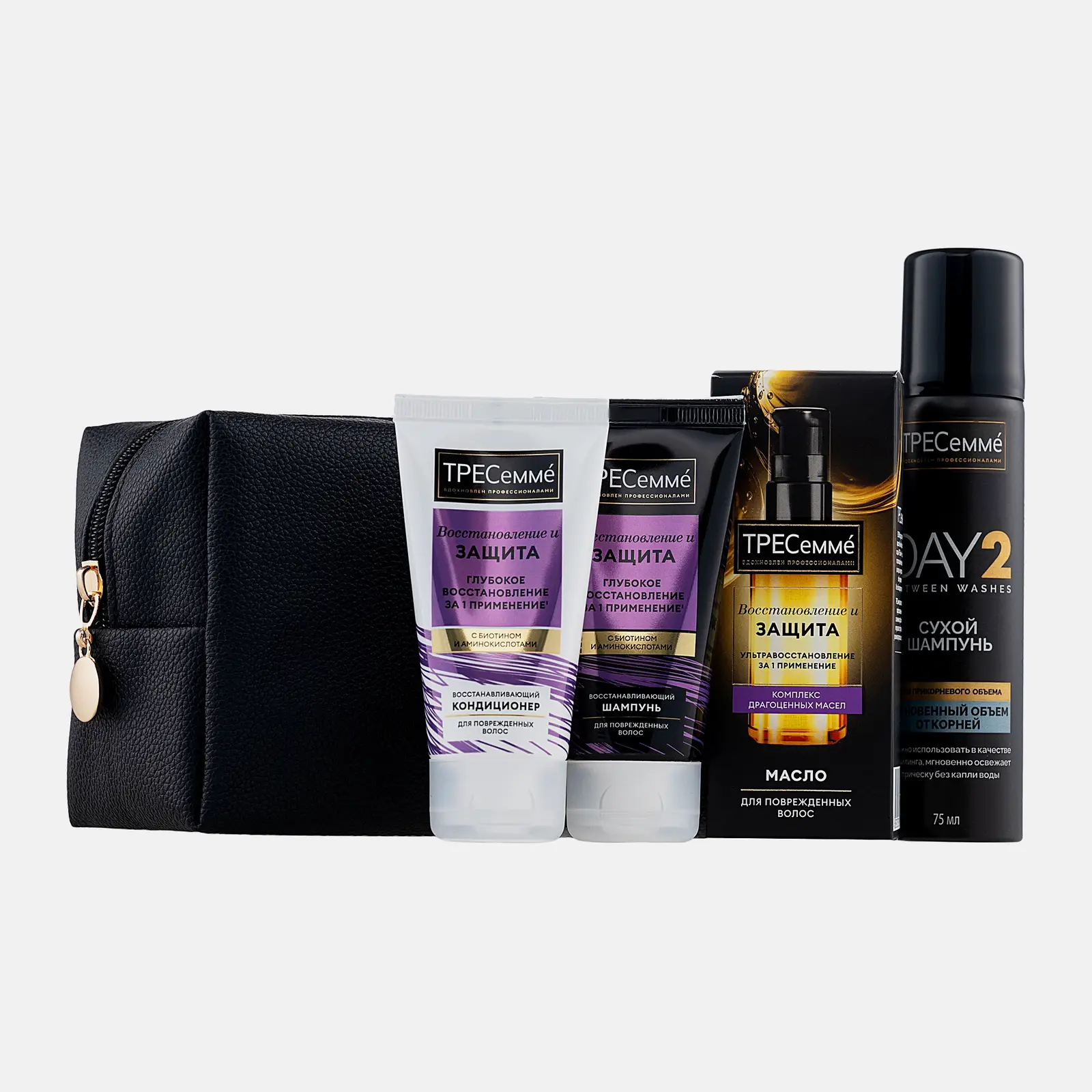 Подарочный тревел-набор для волос ТРЕСеммé Восстановление Шампунь 45мл + Кондиционер 45мл + Масло 50мл + Сухой шампунь 75мл в ассортименте
