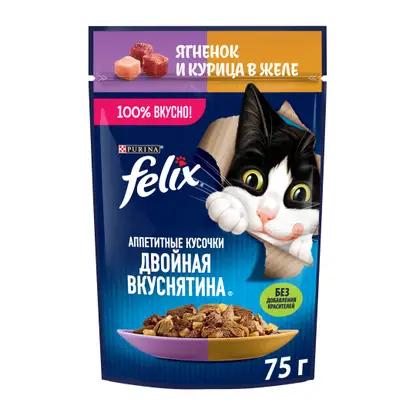 Изображение товара Влажный корм для кошек Двойная вкуснятина с ягненком и курицей в желе Felix 75г