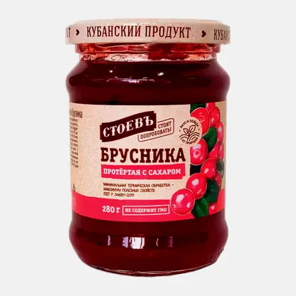 Ягода Соевъ протертая с сахаром брусника 280г