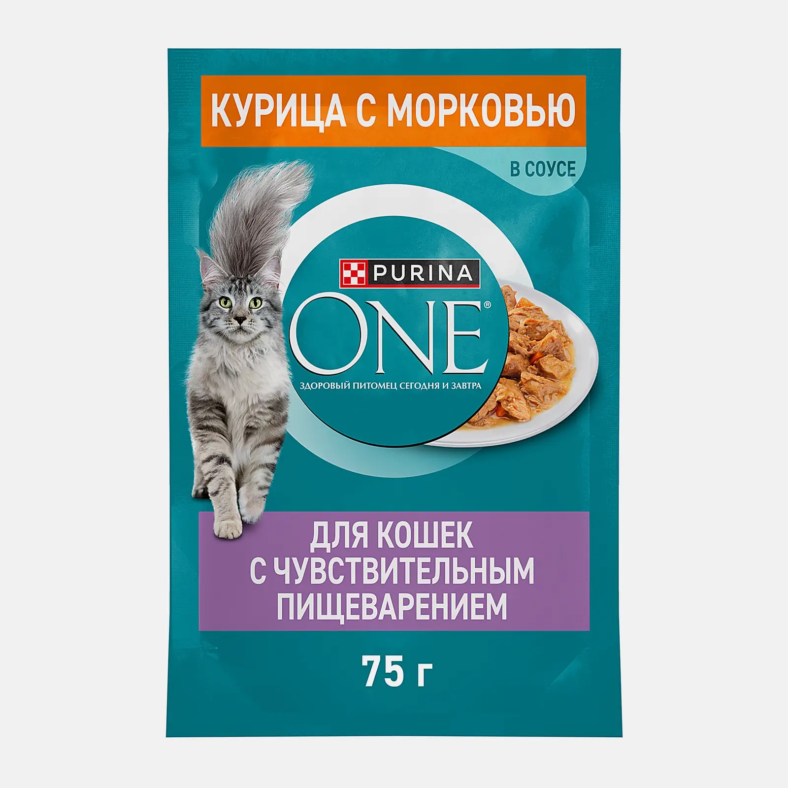 Изображение товара Влажный корм для кошек Purina ONE при чувствительном пищеварении с курицей в соусе 75г