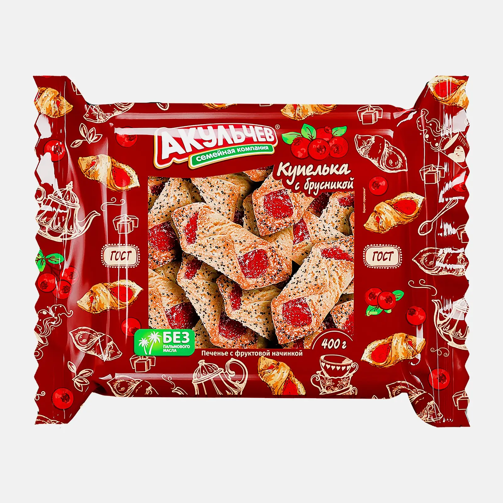 Изображение товара Печенье Акульчев Купелька с брусникой 400 г с фруктовым вкусом и натуральными ингредиентами