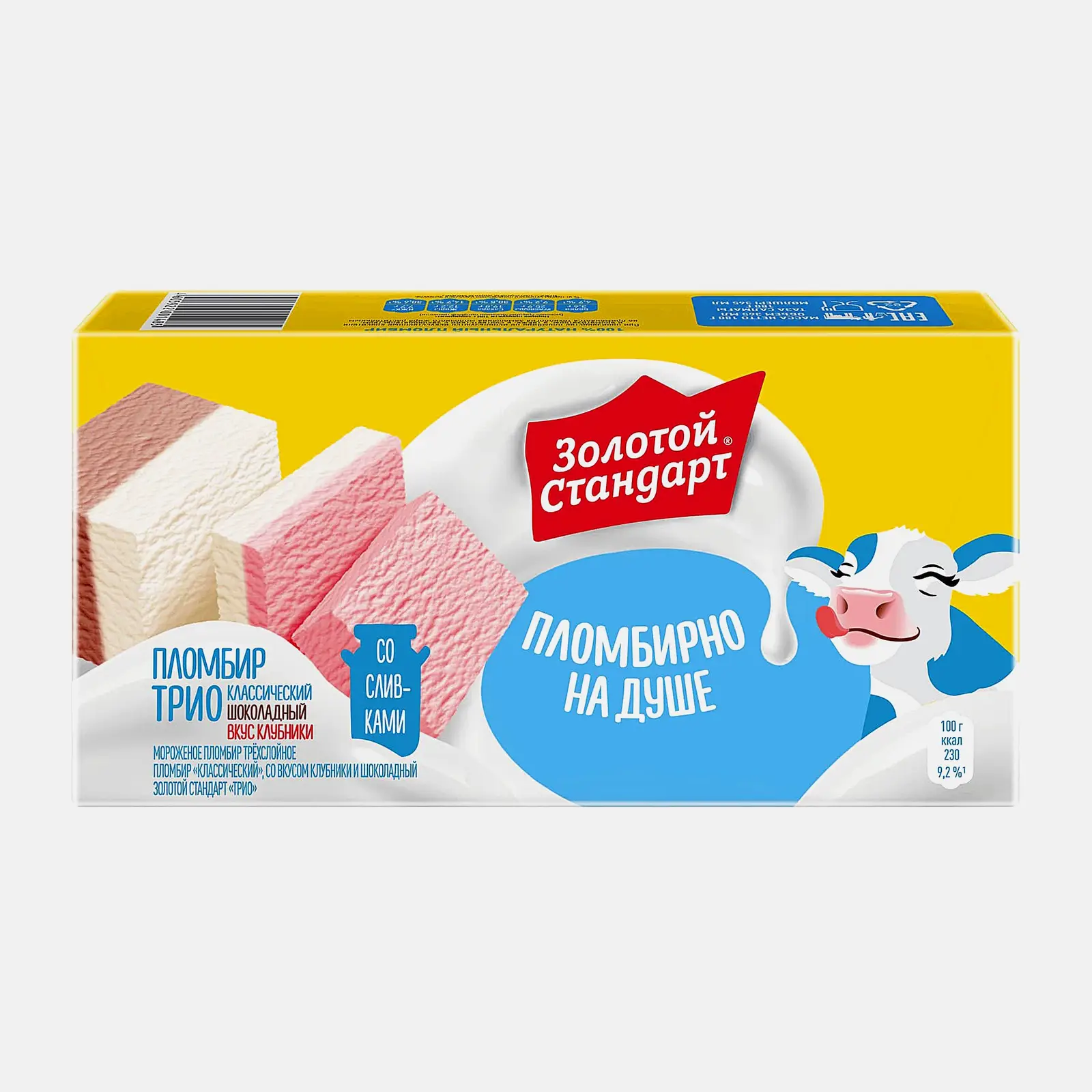 Мороженое Золотой Стандарт Трио пломбир шоколад-вкус сливок-вкус клубники брикет 180г