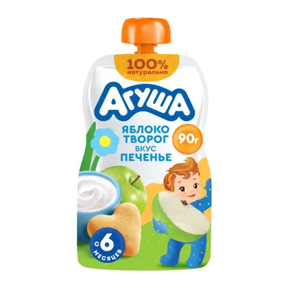 Изображение товара Пюре фруктово-молочное Агуша Яблоко-Творог-Печенье 90г для детей с 6 месяцев