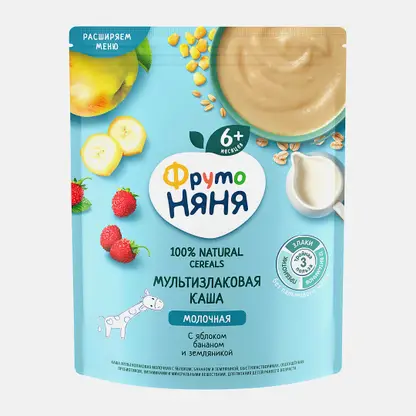 Молочная каша мультизлаковая с яблоком, бананом и земляникой с 6 месяцев Фрутоняня 200г