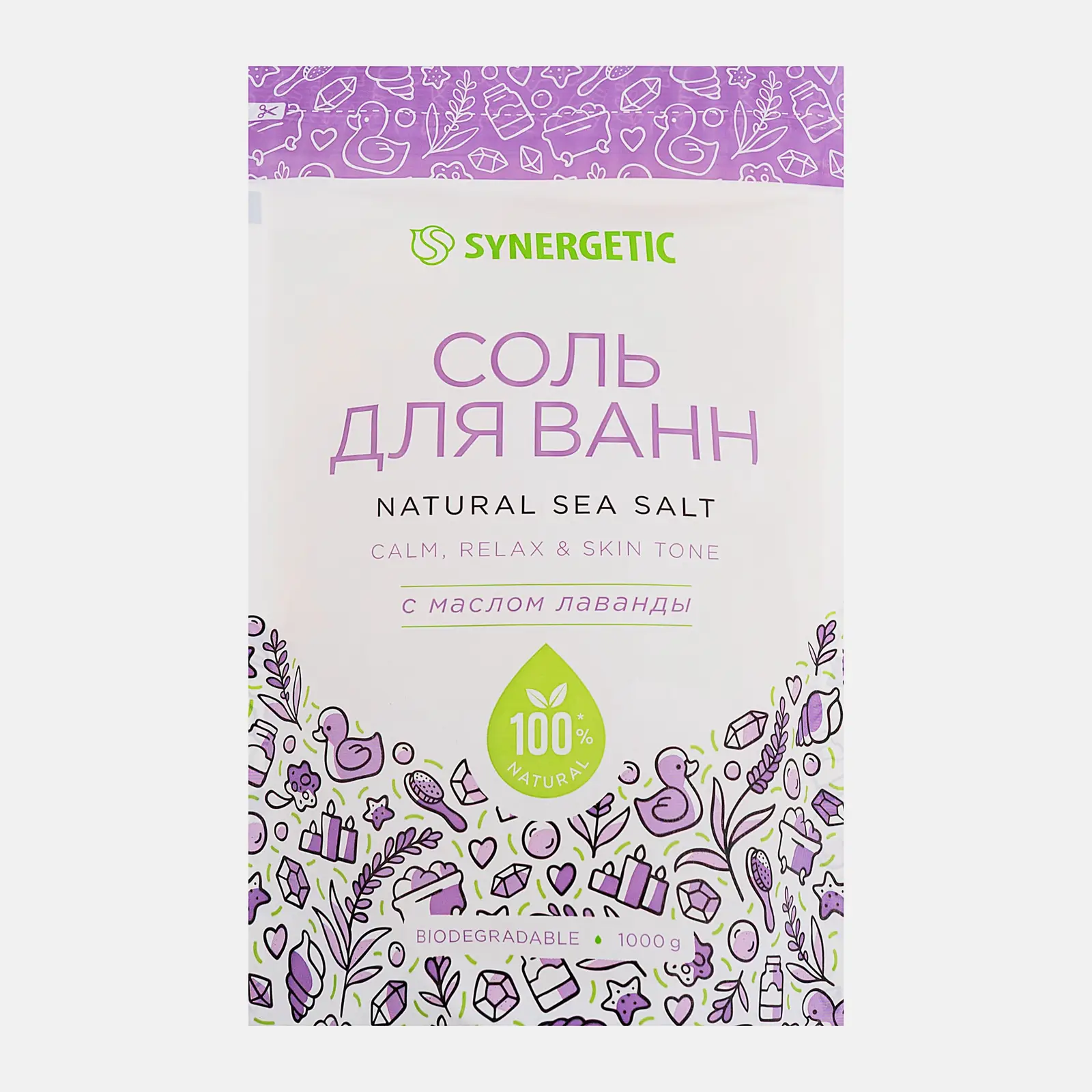 Морская соль для ванн с маслом лаванды Synergetic 1кг Морская соль для ванн с маслом лаванды Synergetic 1кг