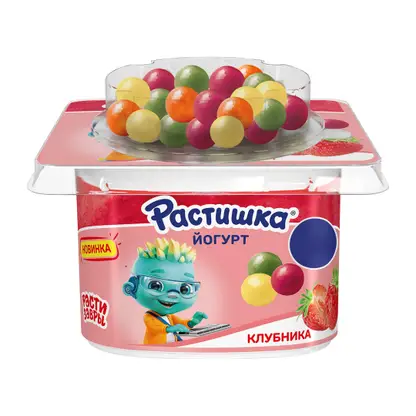 Изображение товара Йогурт с клубникой и злаковыми драже банан апельсин 116г Растишка