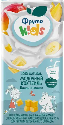 Изображение товара Коктейль ФрутоKids молочный банан и манго 3.2% 200мл