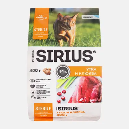 Сухой корм для стерилизованных кошек утка с клюквой Sirius 400г