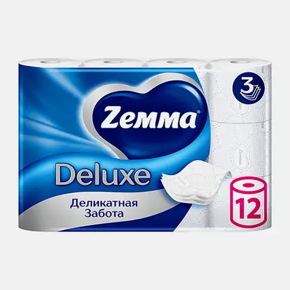 Туалетная бумага белая Deluxe Zemma 12 рулонов 3 слоя в ассортименте