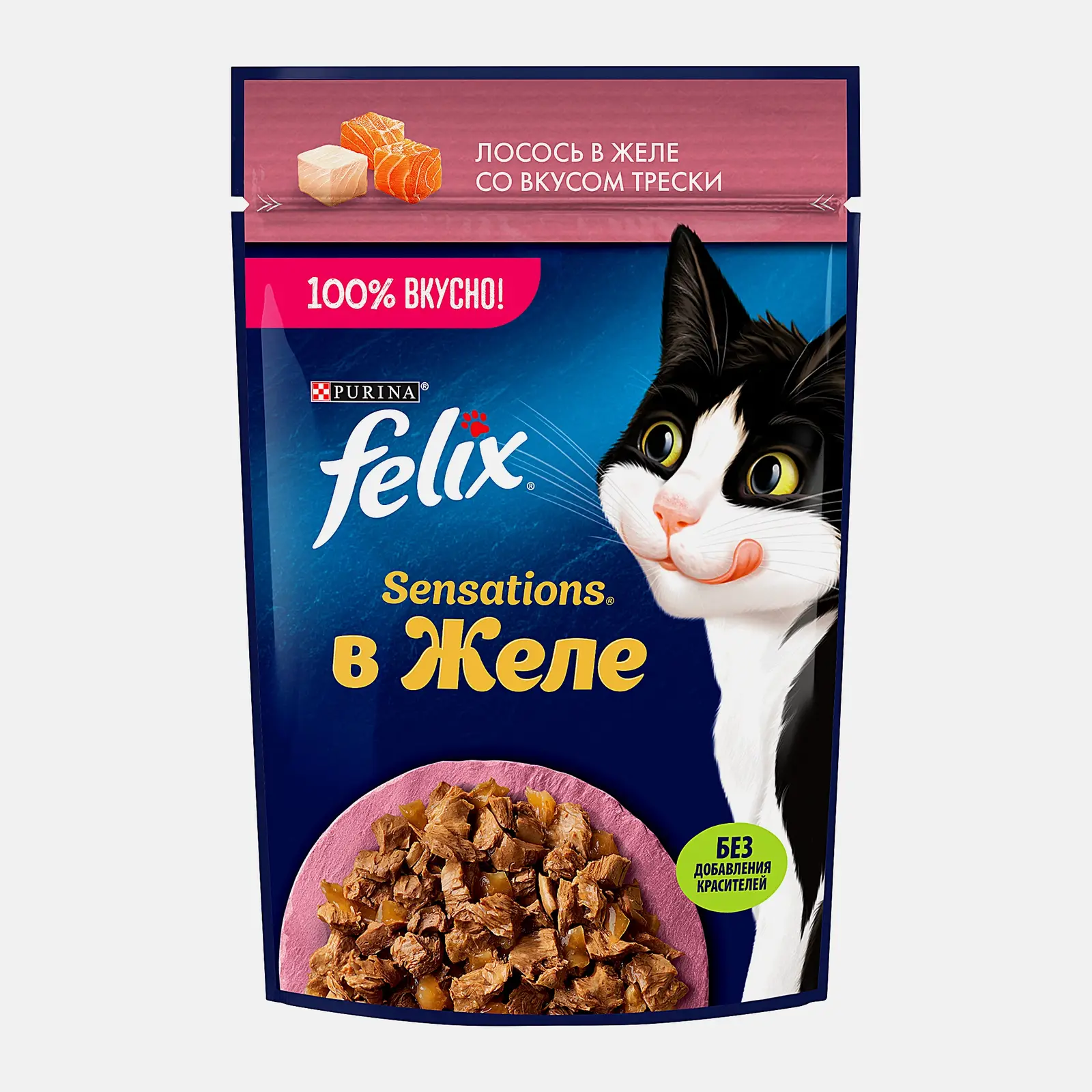 Влажный корм для кошек Sensations с лососем в желе со вкусом трески Felix 75г