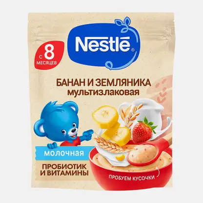 Каша детская молочная мультизлаковая с овсяными хлопьями земляника яблоко и малина с 8 месяцев Nestle Шагайка 200г