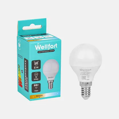 Лампа Wellfort светодиодная шар 8Вт Е14 тёплый