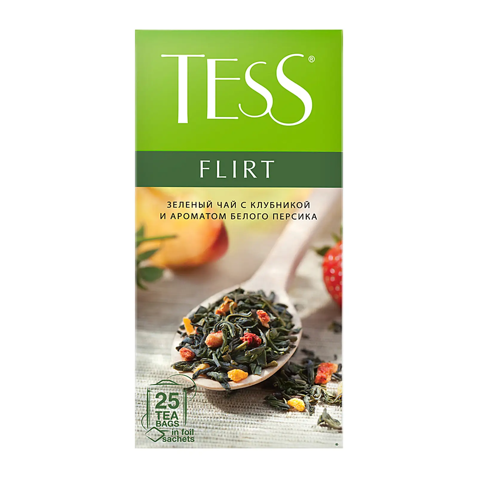 Изображение товара Чай зеленый Tess Flirt с ароматом белого персика и клубники 25пак 37.5г