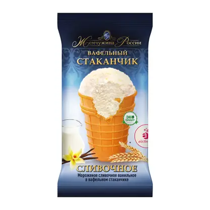 Изображение товара Мороженое Жемчужина России сливочное ванильное в вафельном стаканчике 90г