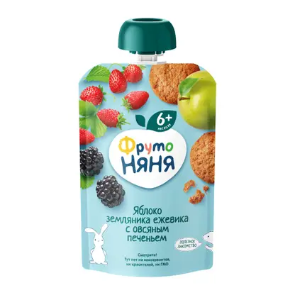 Изображение товара Пюре Фрутоняня Яблоко земляника ежевика и овсяное печенье 90г