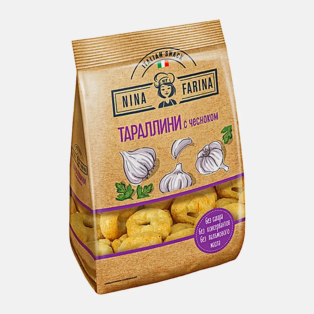 Изображение товара Тараллини с чесноком Nina Farina 180г - натуральные сушки Изображение товара Тараллини с чесноком Nina Farina 180г - натуральные сушки