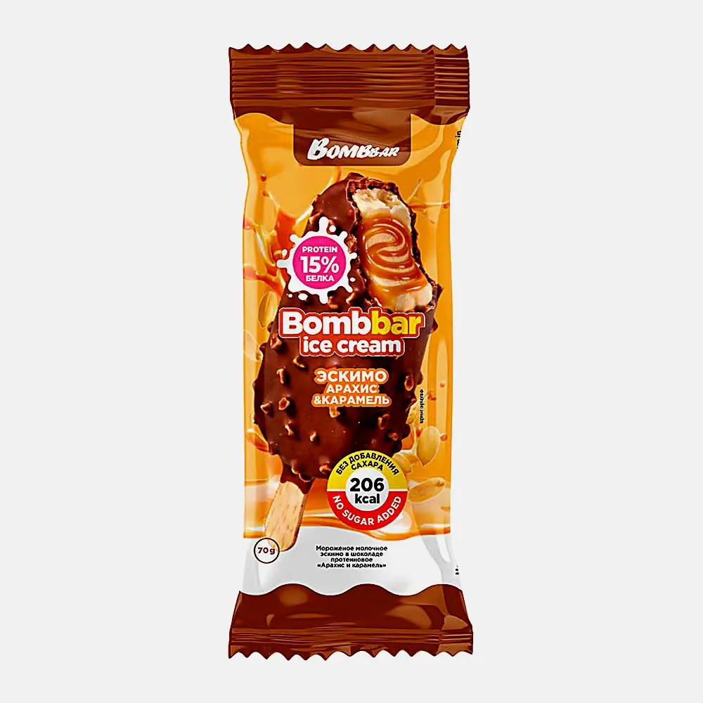 Мороженое эскимо с арахисом и карамелью без сахара Bombbar 6% 70г Мороженое эскимо с арахисом и карамелью без сахара Bombbar 6% 70г