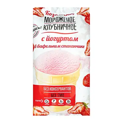 Изображение товара Мороженое Козельское Молоко пломбир йогурт клубника в вафельном стаканчике 80г